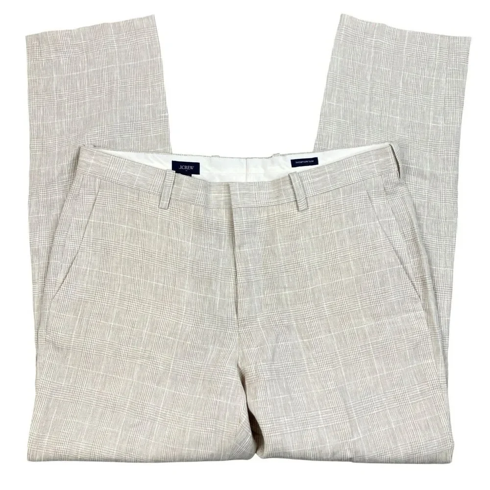 J Crew Suit Pants Mens 33x30 Beige Linen Windowpane Plaid Thompson Lightweight